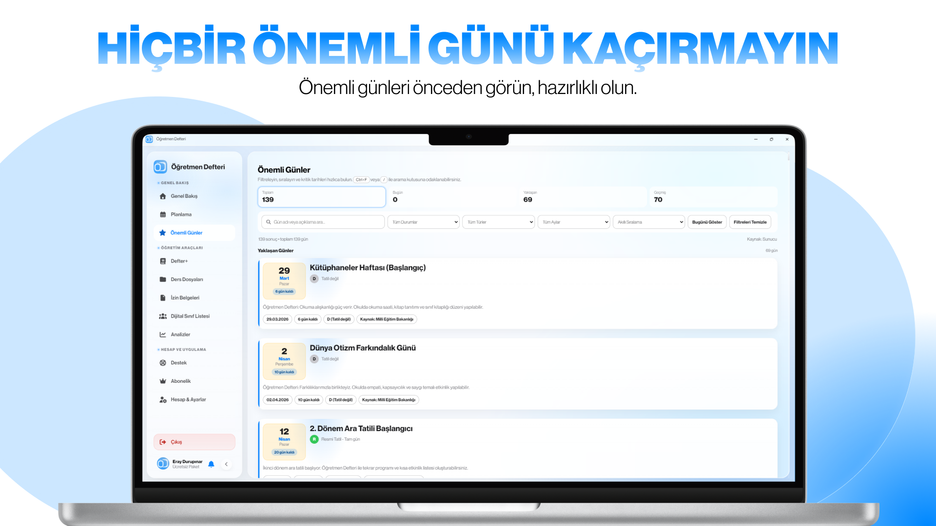 Önemli Günler ekranı